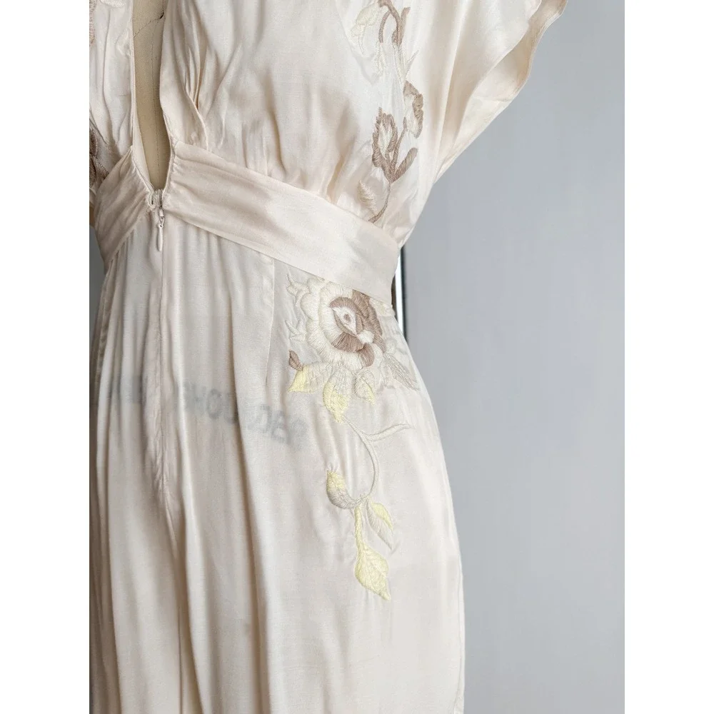 Free People In the Mood for Love cream‎ embroidered wide leg jumpsuit size S